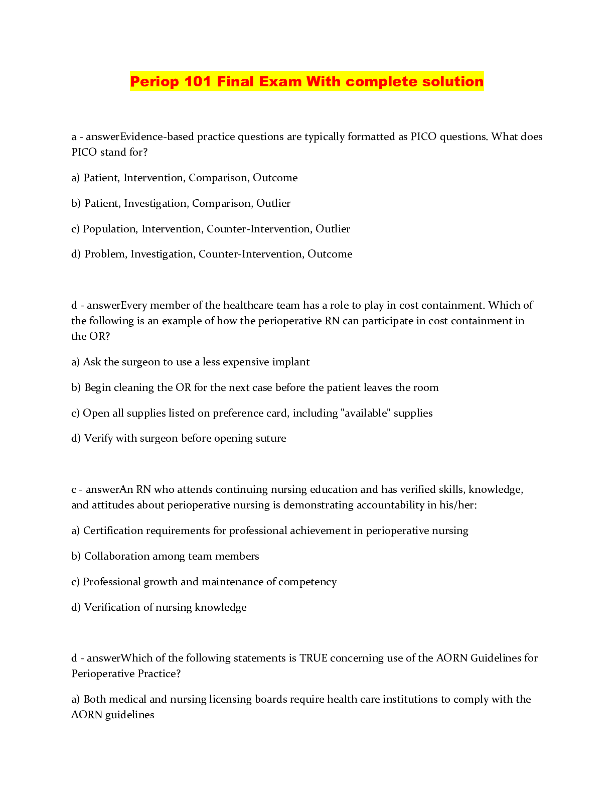 Preview image of Periop 101 Final Exam With complete solution document